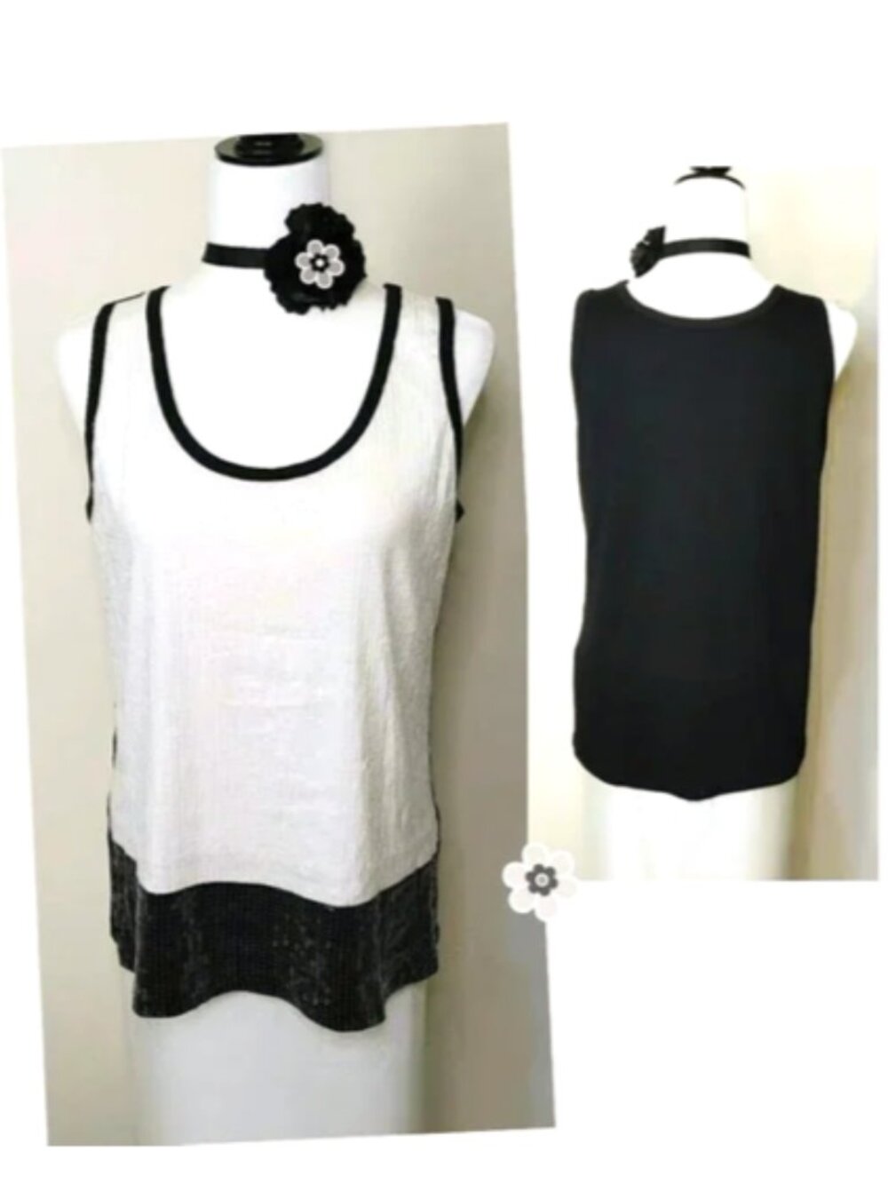 Black White Sequin Cotton Blend Tank Top Scoop Neck Hip Length Tunic Sleeveless